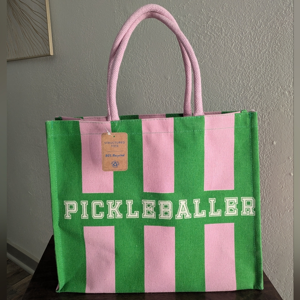 Pickleballer Pink & Green Striped Structured Tote Bag